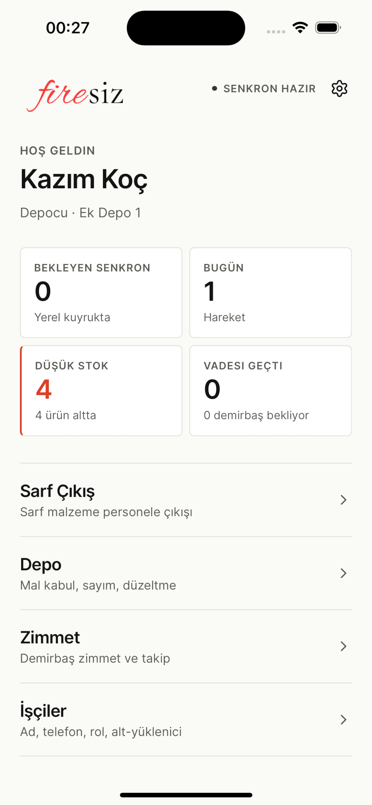 Ana ekran — stok durumu ve bekleyen senkronizasyon özeti